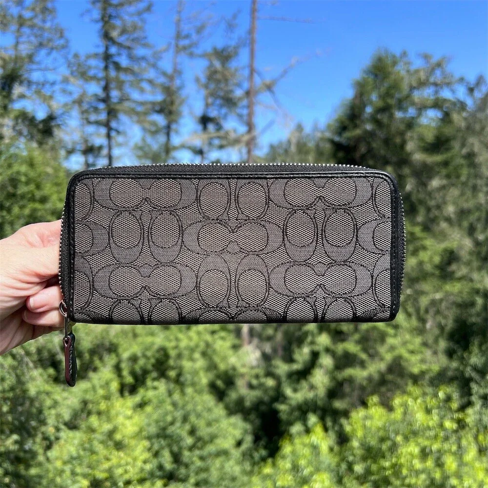 COACH Long Zip-Around Wallet BLK/GRY Signature Jacquard Silver Hardware AUTHENTC